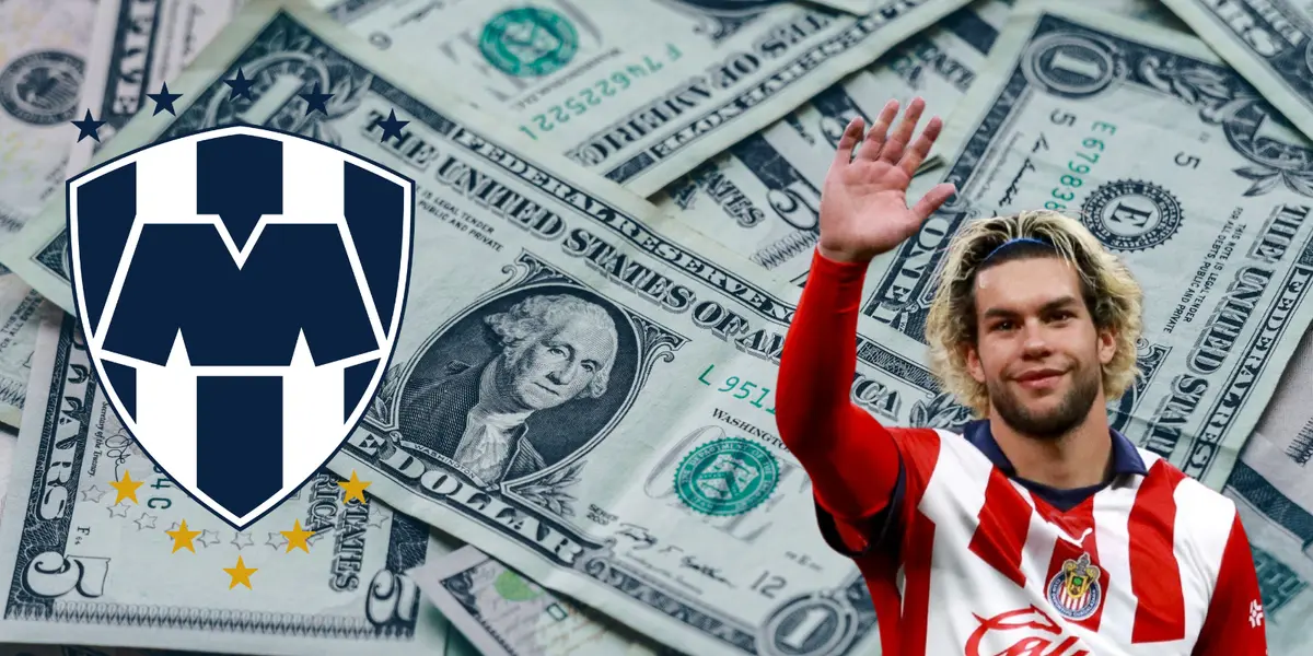 Imagen de dólares tomada de Canva, con Cowell y escudo de Rayados