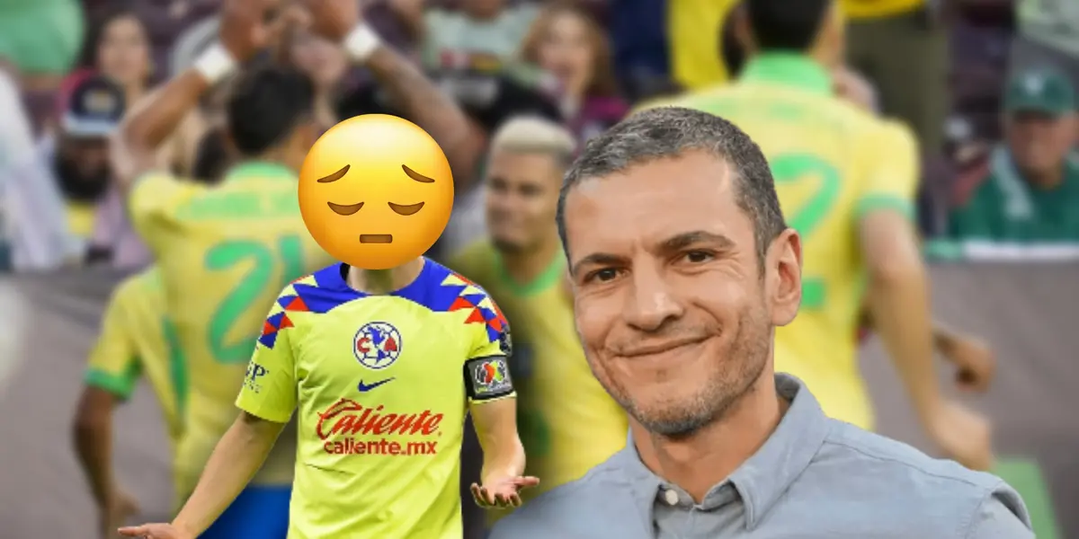 Jaime Lozano riendo y jugador del América con el rostro tapado/ Foto Los Ángeles Times.