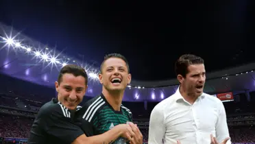 Javier Hernández y Andrés Guardado abrazados, Fernando Gago a su lado/ Foto Chivas Femenil.