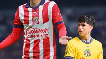 Jugador de Chivas y Kevin Álvarez mirando/Foto Fútbol Total.