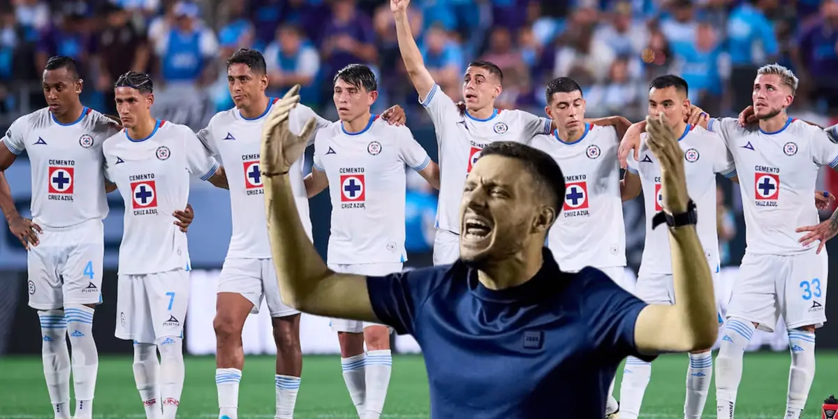 Jugadores de Cruz Azul abrazados y Martín Anselmi celebrando/ Foto Diario AS.