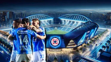 Jugadores de Cruz Azul junto a prototipo del nuevo estadio / FOTO X