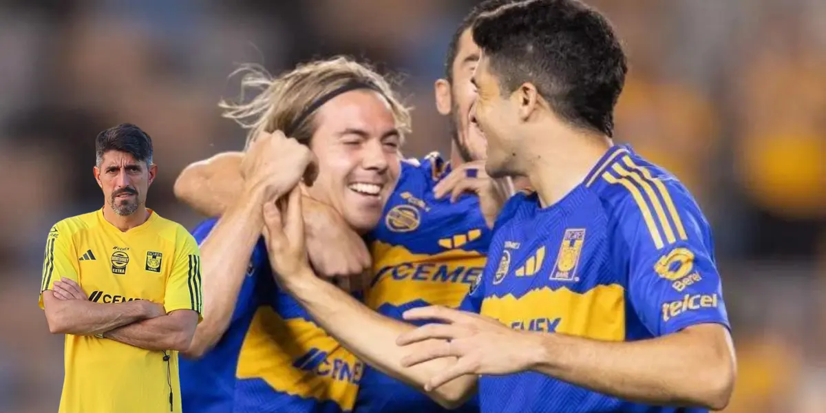 Jugadores de Tigres vs Puebla, celebrando gol. Foto: Récord