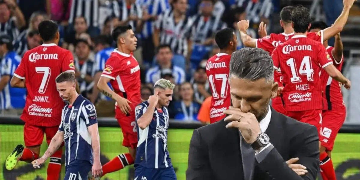 Jugadores de Toluca celebrando y de Rayados cabizbajos, Martín Demichelis a su lado/ Foto Récord.