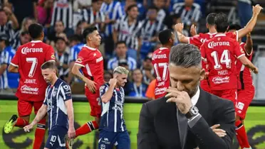 Jugadores de Toluca celebrando y de Rayados cabizbajos, Martín Demichelis a su lado/ Foto Récord.