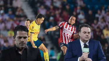 Jugadores disputando balón, David Faitelson y Fernando Gago/ Foto Mexsport.