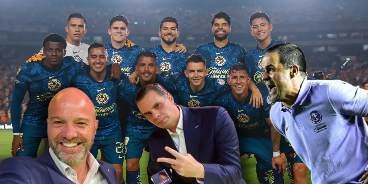 Jugadores posando, André Jardine y narradores de Azteca( Foto Club América.