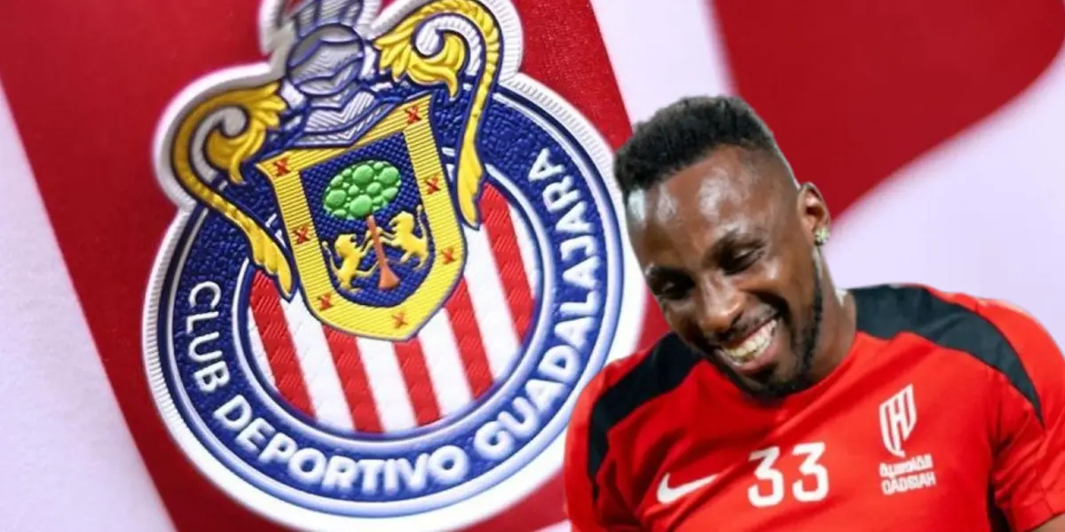 Julián Quiñones riendo y logo de Chivas/Foto YouGov.