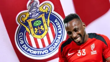 Julián Quiñones riendo y logo de Chivas/Foto YouGov.