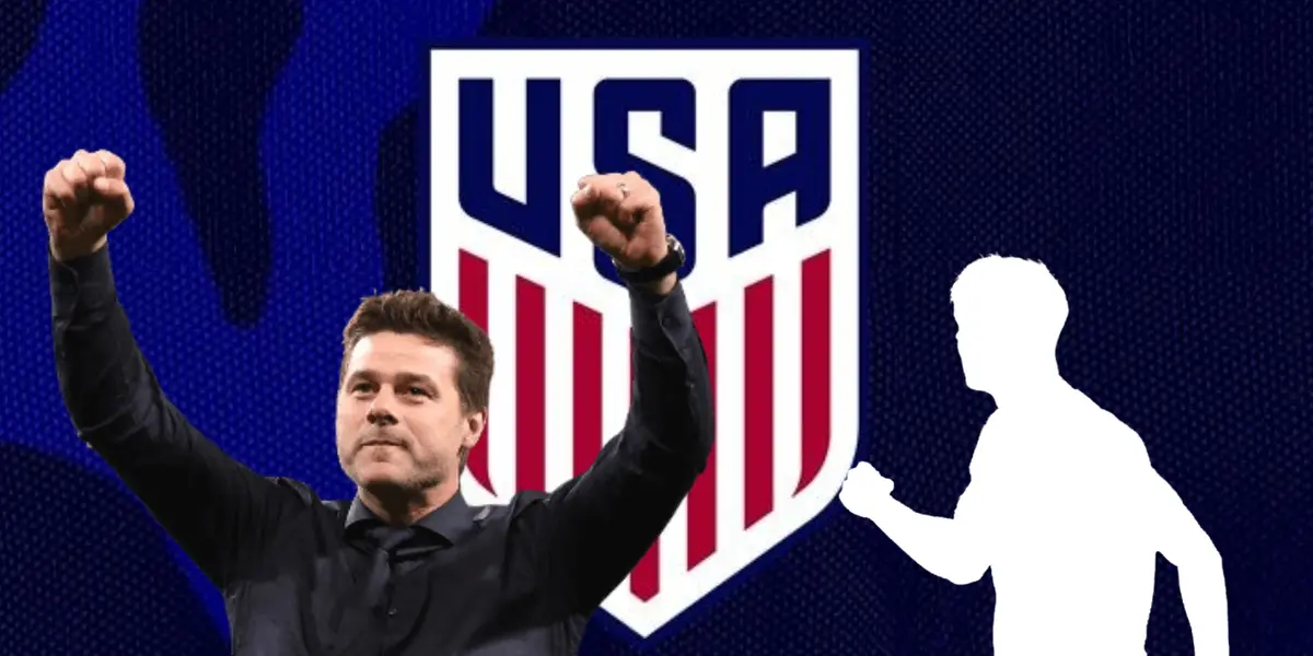 Mauricio Pochettino con las manos al aire y logo de USA/Foto Pinterest.