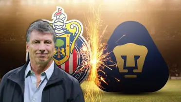 Robert Dante Siboldi junto a los escudos de Chivas y Pumas / FOTO 90 MIN