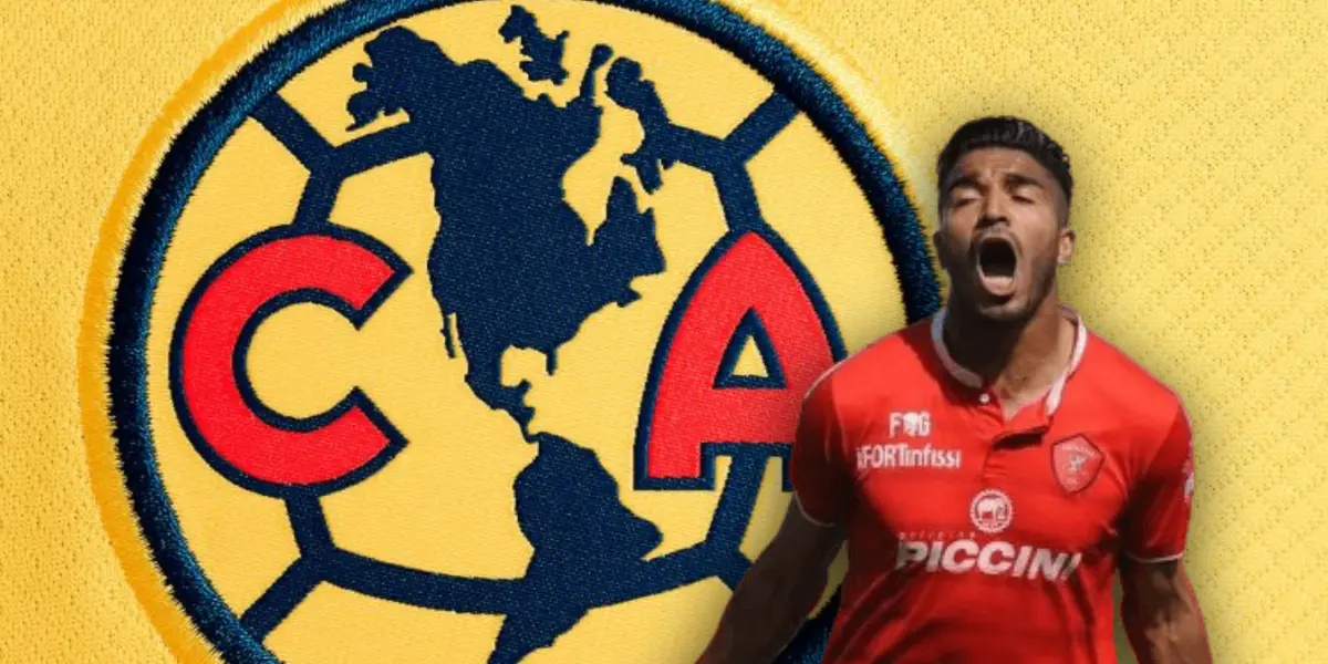 Rodrigo Aguirre y logo del América/Foto Ame Shop.