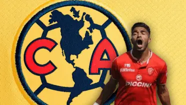 Rodrigo Aguirre y logo del América/Foto Ame Shop.