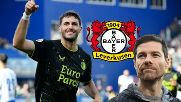 Santiago Giménez, Xabi Alonso y logo del Bayer Leverkusen/Foto ESPN Deportes.