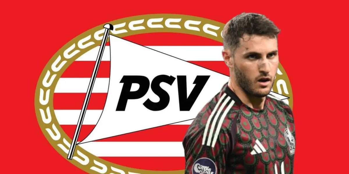 Santiago Giménez y logo del PSV/ Foto Vecteezy.