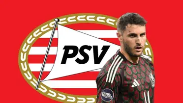 Santiago Giménez y logo del PSV/ Foto Vecteezy.