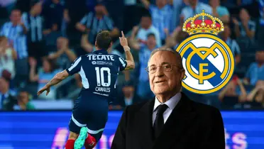 Sergio Canales celebrando, Florentino Pérez y logo del Real Madrid/ Foto Soy Rayado.