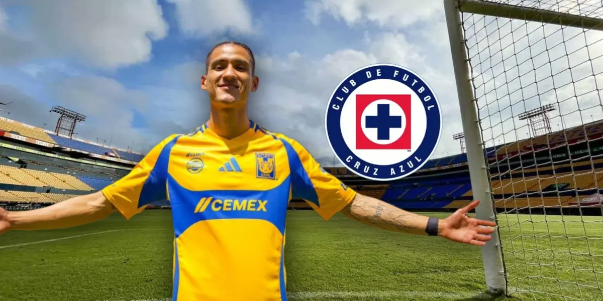 Uriel Antuna de brazos abiertos y logo de Cruz Azul/Foto XEVT.