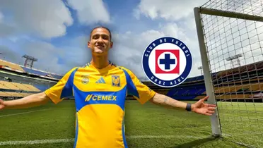 Uriel Antuna de brazos abiertos y logo de Cruz Azul/Foto XEVT.