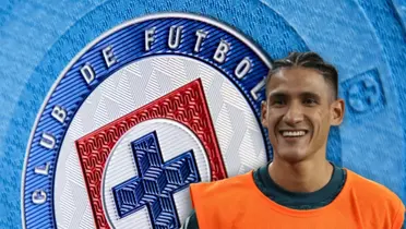 Uriel Antuna riendo y logo del equipo celeste/ Foto Cruz Azul.