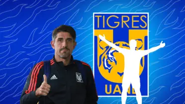 Veljko Paunovic levantando dedo y silueta de jugador/Foto Tigres.